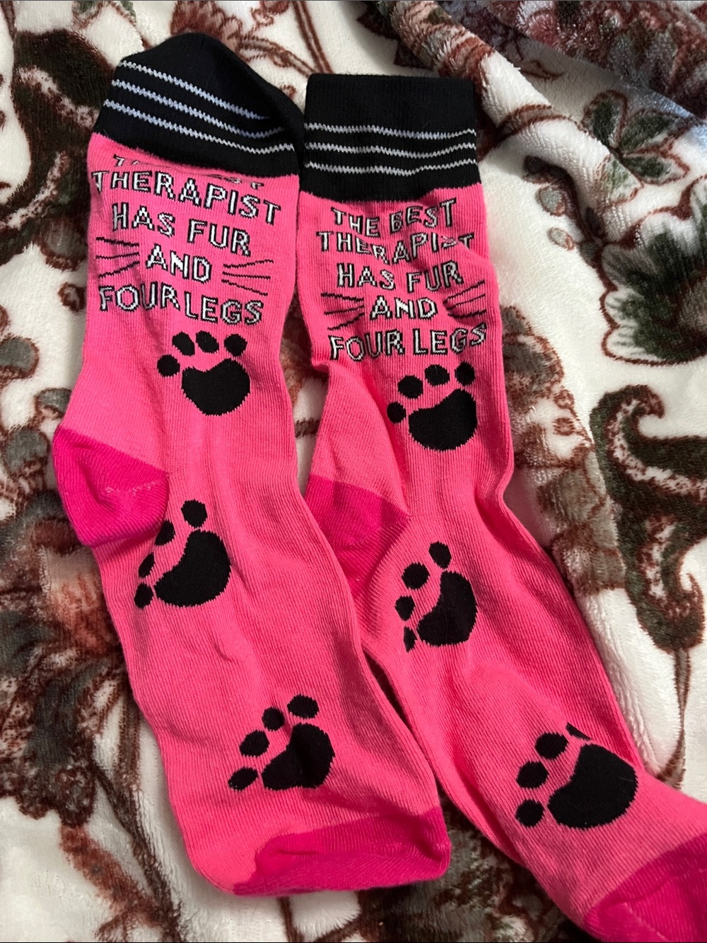 Kids Pink Paw-Print Crew Socks - 'Therapist Has Fur and Four Legs'